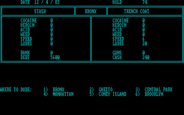 Drug Wars: A Game Based on the New York Drug Market (DOS) screenshot: Where would you like to go?