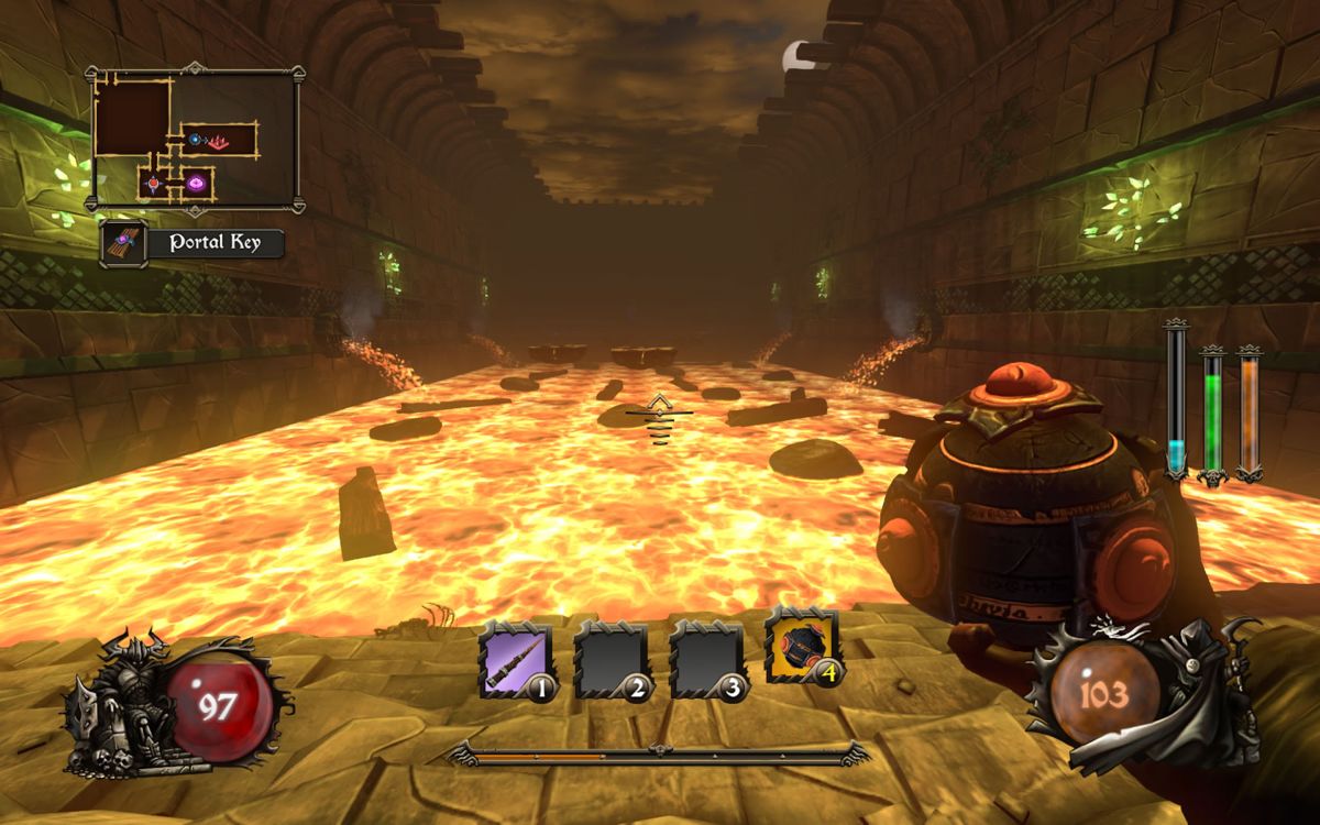 Ziggurat (Windows) screenshot: Carrying a grenade. A powerful item awaits you on the other side of the lava, but you will need to do some challenging platform jumping first.