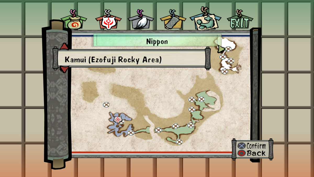 Ōkami (PlayStation 3) screenshot: Map of Origin Mirrors; some can only be accessed via Mist Warp