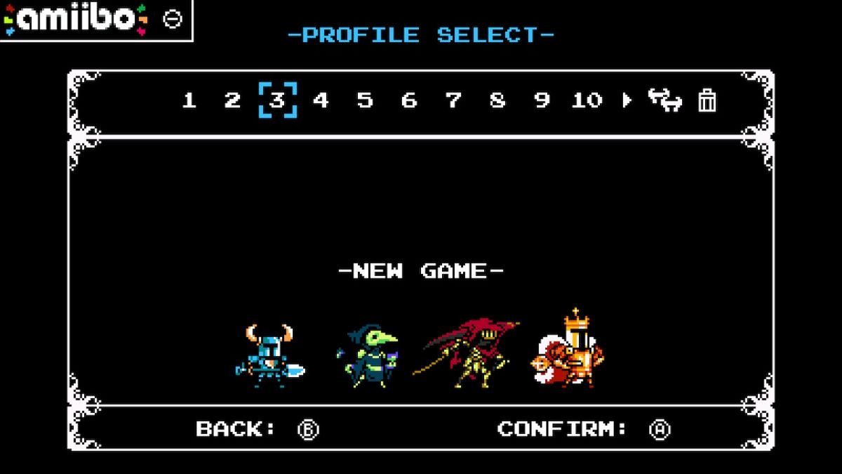 Shovel Knight: Treasure Trove (Nintendo Switch) screenshot: The game's save menu. Unlike the original game, which could be upgraded to feature all four campaigns, here, they're available from the get go. First choose a save file...