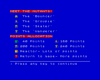 Android One: The Reactor Run (ZX Spectrum) screenshot: Instructions page 2 - Enemies and points.