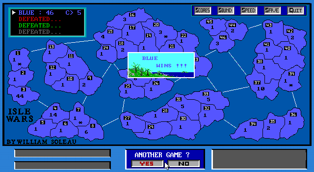 Isle Wars (DOS) screenshot: After the game stats have been shown the player gets to see the 'You Won' plaque again and is offered the chance of anothergame