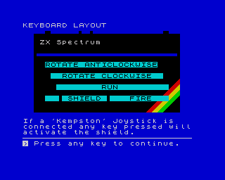 Android One: The Reactor Run (ZX Spectrum) screenshot: Instructions page 4 - Keyboard layout.