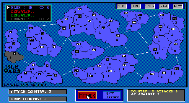 Isle Wars (DOS) screenshot: The final move of the game. When the game is over a very small window pops up saying, in this case, "Blue Wins!!!" and then it very quickly disappears