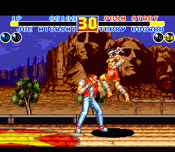 Fatal Fury 2 (SNES) screenshot: Fighting on a train. There's some famous scenery in the background. Again, also notice how Joe Higashi moves from one plane to another