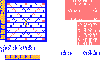 The Computer Edition of Scrabble Brand Crossword Game (Amstrad CPC) screenshot: It's ZX turn now.