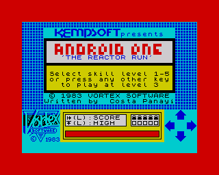 Android One: The Reactor Run (ZX Spectrum) screenshot: Select skill level.