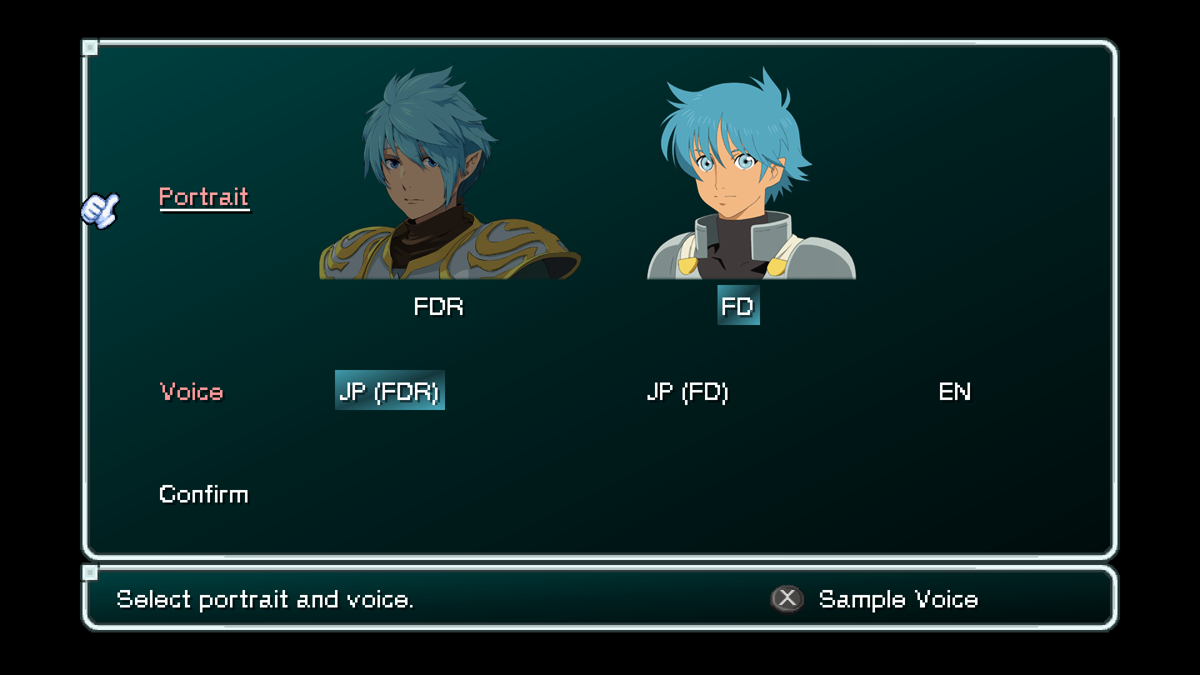 Star Ocean: First Departure R (Nintendo Switch) screenshot: Before beginning the game, you are presented a choice to mix and match the PSP character portraits, the new portraits, the new voice dubs and the existing PSP dubs. This menu is also accessible mid-game.