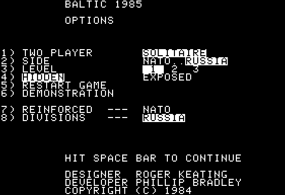 Baltic 1985 (Apple II) screenshot: Opening Menu