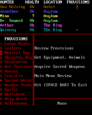 Dracula in London (DOS) screenshot: Party Information