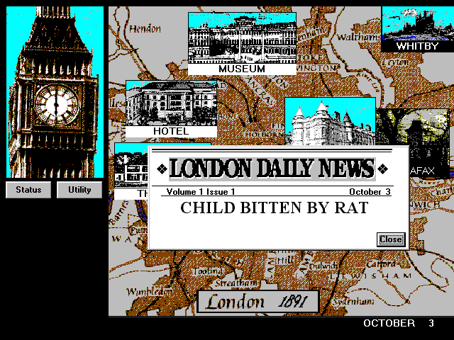 Dracula in London (Windows 3.x) screenshot: Search news reports for signs of Dracula's presence