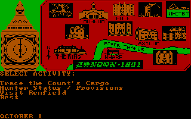 Dracula in London (DOS) screenshot: The main interface screen