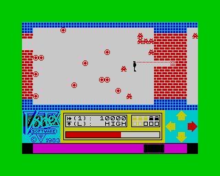 Android One: The Reactor Run (ZX Spectrum) screenshot: Stage 6 - Destroy the brick... (crrkk)... destroy the teachers....(crkk)... play Skool Daze... (crkk)... Now!