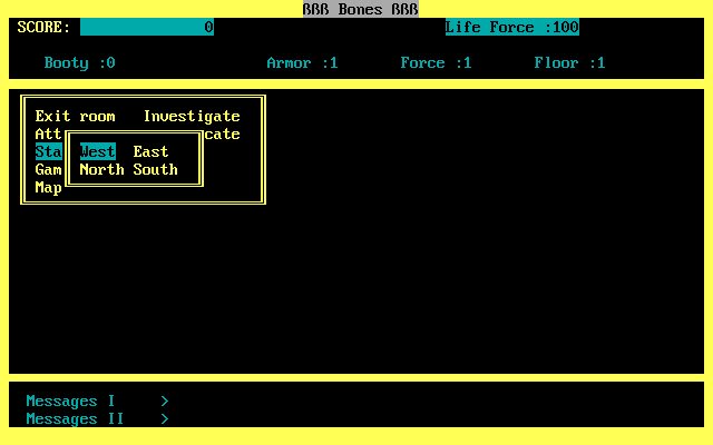 Bones: The Game of the Haunted Mansion (DOS) screenshot: Exiting a room.