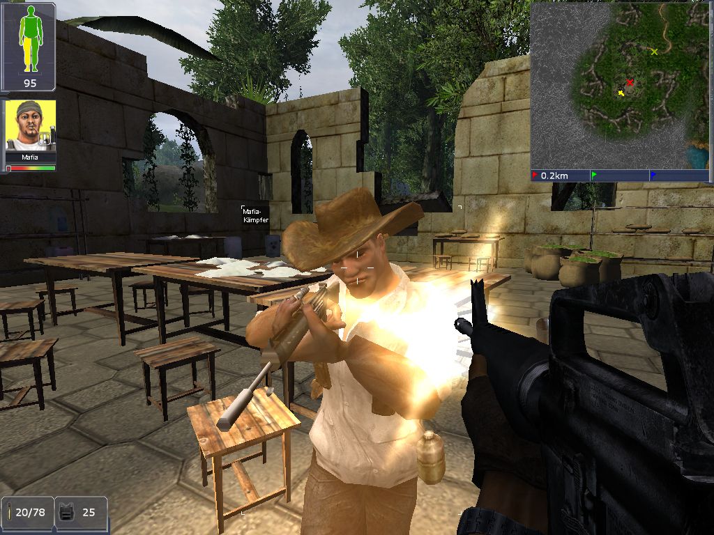 Boiling Point: Road to Hell (Windows) screenshot: Clearing Mafia-invested jungle ruins. This bandito got a little too close for comfort