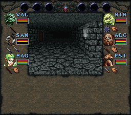 Wizardry: Bane of the Cosmic Forge (SNES) screenshot: Wandering through a dungeon