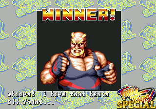 Fatal Fury Special (SEGA CD) screenshot: Winner Screen for Big Bear: Whoops! I hope that heals all right...