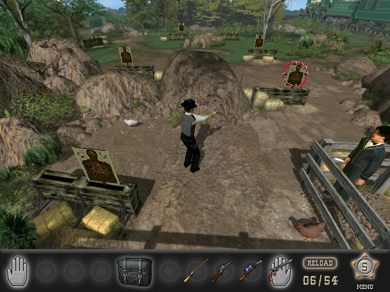 Wild Wild West: The Steel Assassin (Windows) screenshot: The game starts with James West at a shooting range, one year after the movie (1870).