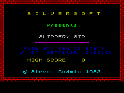 Slippery Sid (ZX Spectrum) screenshot: Title Screen / High Score:<br><i>Forward</i> and <i>Paxman Promotions</i> re-releases.