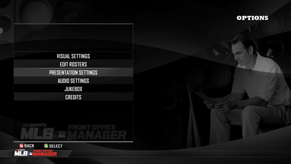 MLB Front Office Manager (Windows) screenshot: Options menu.