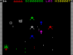 Arcadia (ZX Spectrum) screenshot: Level 3 - trembling aliens start to rain fire.