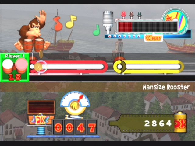 Donkey Konga 2 (GameCube) screenshot: The red is for the right bongo, the yellow is for the left.