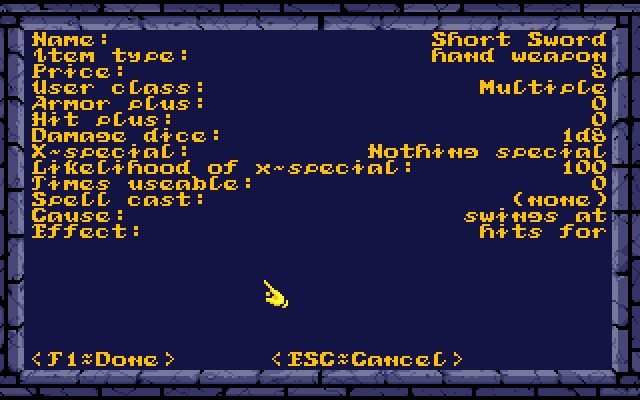 The Bard's Tale Construction Set (DOS) screenshot: Item editor