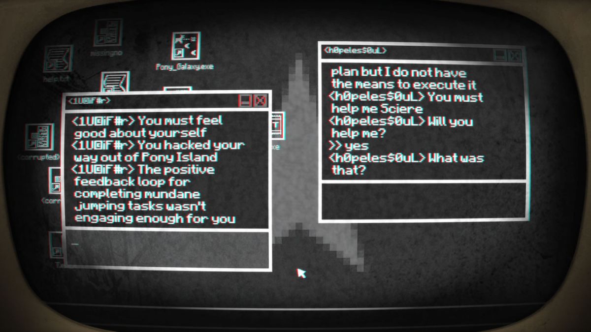 Pony Island (Windows) screenshot: There are interactive chat systems.