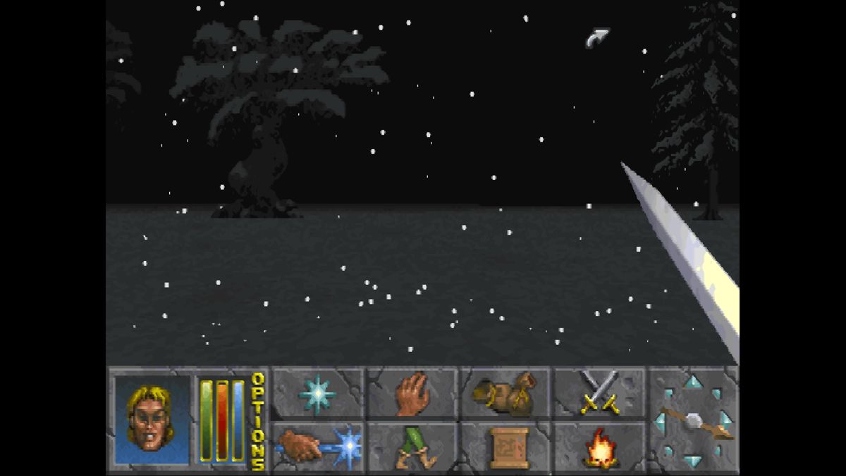 The Elder Scrolls: Chapter II - Daggerfall (Windows) screenshot: After wandering aimlessly into the snow, the evening arrives with fresh snow falling. I have no idea where to go.