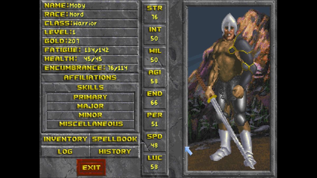 The Elder Scrolls: Chapter II - Daggerfall (Windows) screenshot: Character sheet.