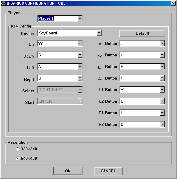 G Darius (Windows) screenshot: The Configuration Tool. The WASD keybindings by default is uncommon for a 2000 Windows port exclusive to Japan.