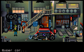 Bargon Attack (DOS) screenshot: Exploring a garage (VGA)