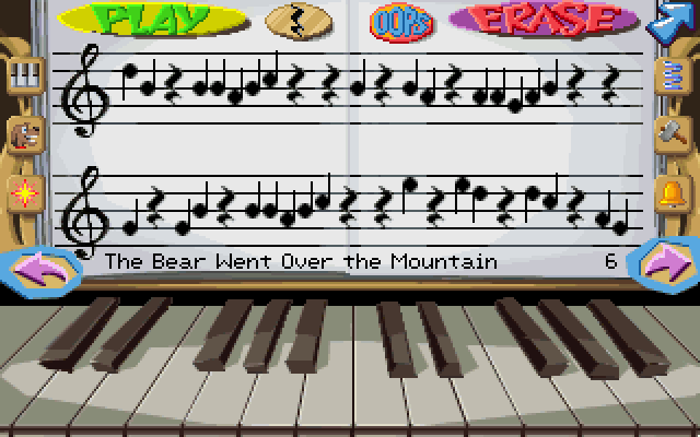 Fatty Bear's Birthday Surprise (DOS) screenshot: Play songs or make your own with the piano mini game