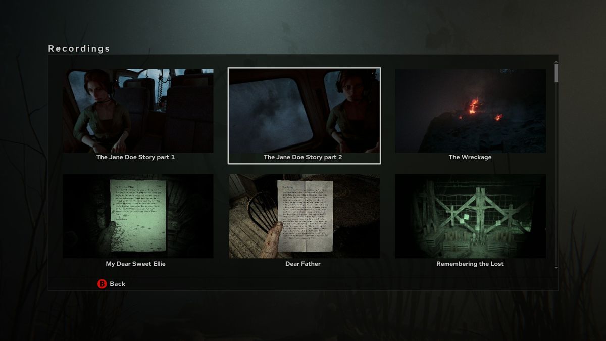 Outlast II (Windows) screenshot: You can also access recordings and documents from the main menu.
