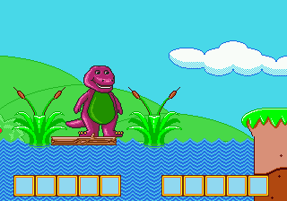 Barney's Hide & Seek Game (Genesis) screenshot: Riding a log