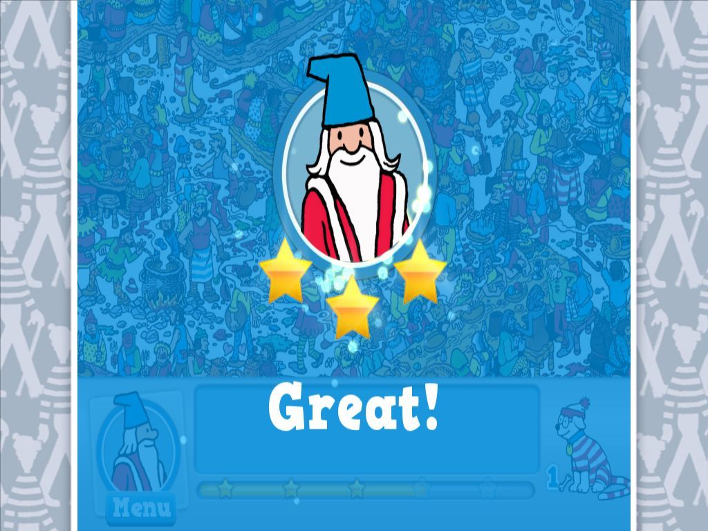 Where's Waldo? The Fantastic Journey (Windows) screenshot: The end of the tutorial. I found out in a later level that finishing with less than three stars is not allowed, the game made me replay the level again and again.