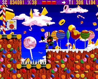 Zool (Amiga) screenshot: Sweet World - Switch on the left is restart point (AGA version)
