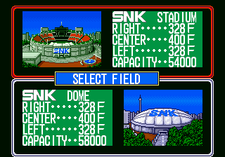 Baseball Stars Professional (Neo Geo) screenshot: Select stadium. You can either play at the SNK stadium or SNK dome