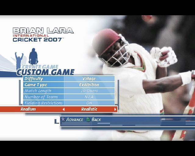 Brian Lara International Cricket 2007 (PlayStation 2) screenshot: Configuring a Twenty Over match<br>The difficulty settings are Slog, Village, County and Test. Game Type can be Exhibition or League, and Realism can be Balanced or Realistic
