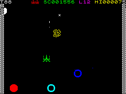 Arcadia (ZX Spectrum) screenshot: Level 12 - The disjointed explosion. Notice that the explosion itself is also harmful. Very important.