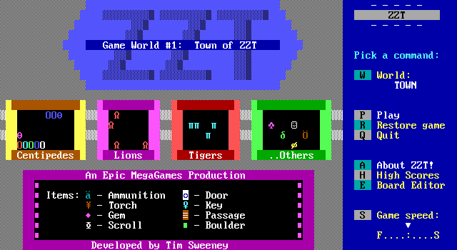 ZZT (DOS) screenshot: The title screen of the world's first ZZT game.