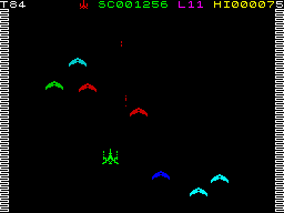 Arcadia (ZX Spectrum) screenshot: Level 11 - Dunnos floating to ambush your ship.
