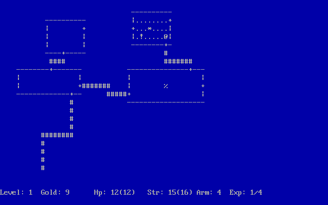Rogue Clone (DOS) screenshot: Found a room with gold (*) and some potion (!). (Oliver Richman's 1998 version, release 2)