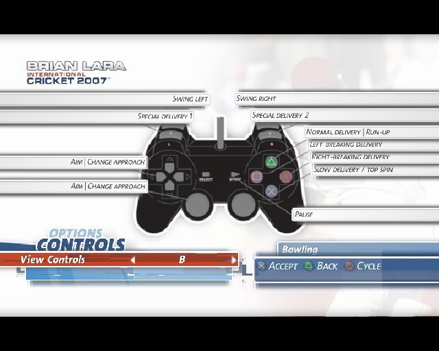 Brian Lara International Cricket 2007 (PlayStation 2) screenshot: There are three controller configurations provided with the game, there does not seem to be a custom option though
