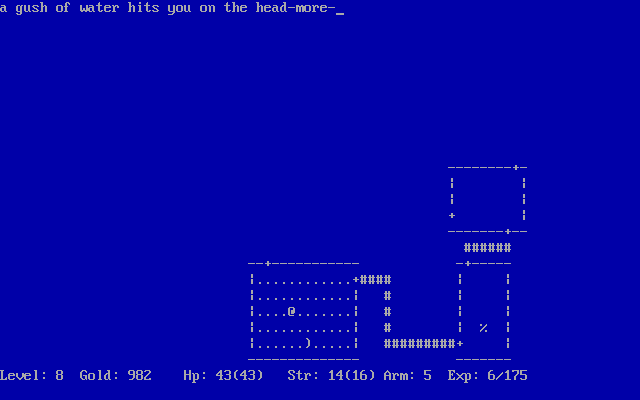 Rogue Clone (DOS) screenshot: That's NOT funny! It makes my armor rust! (Oliver Richman's 1998 version, release 2)