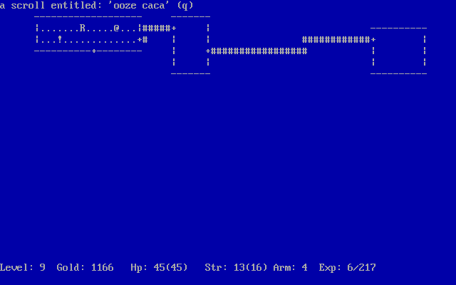 Rogue Clone (DOS) screenshot: Hey, what a funny name for a scroll. (Oliver Richman's 1998 version, release 2)