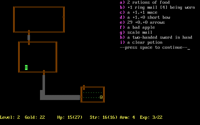 Rogue Clone (DOS) screenshot: There's a bad apple in my inventory! (Rogue Clone IV)