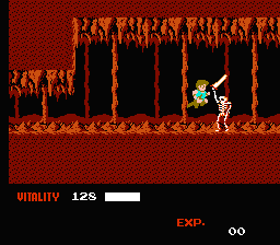 Dragon Buster (NES) screenshot: Fighting skeletons in a reddish cave
