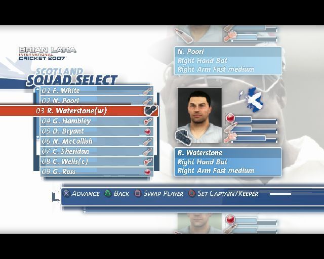 Brian Lara International Cricket 2007 (PlayStation 2) screenshot: Configuring a Twenty Over match<br>This is the squad selection screen. The gamer uses the UP/DOWN keys to scroll through the players, as they do so a brief bio appears on the right
