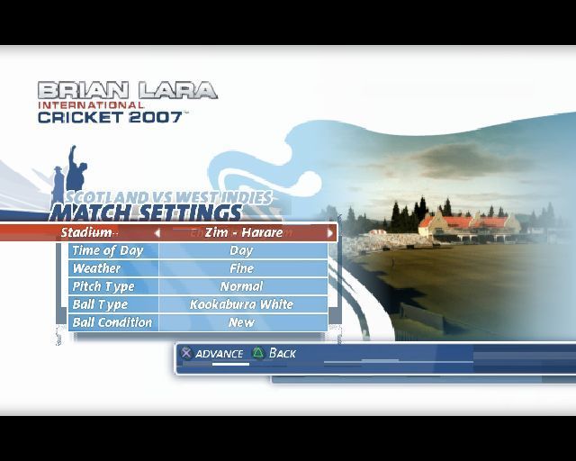 Brian Lara International Cricket 2007 (PlayStation 2) screenshot: Configuring a Twenty Over match<br>This is the final setup screen where the player selects the ground and conditions